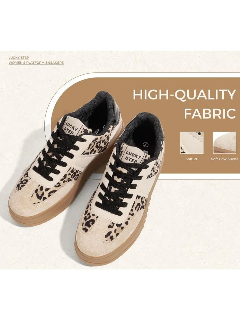 Women's Beige/Leopard Lace Up Platform Thick Sole Comfortable Fashion Sneakers